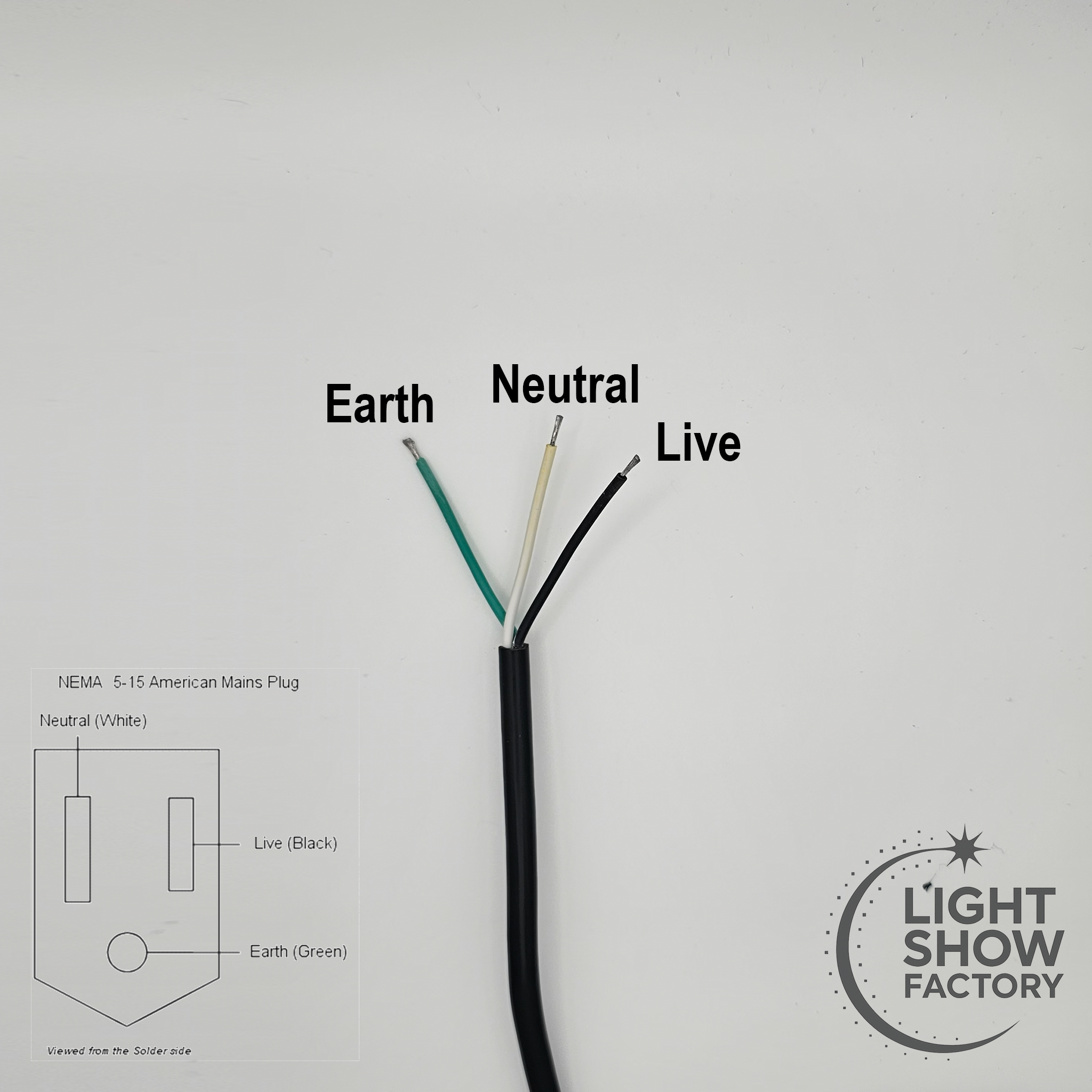 18awg ac power cord showing live neutral and earth wire identification